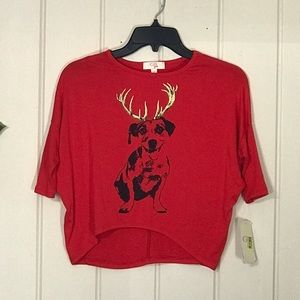 GB Girls Stretch Blouse w/ Smiling Dog & Deer Horns
NWT
longer leggings …